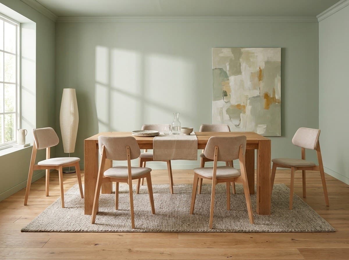 Set Dining Livia și Novak, Masă din Stejar Masiv și Scaune Tapițate Bej
