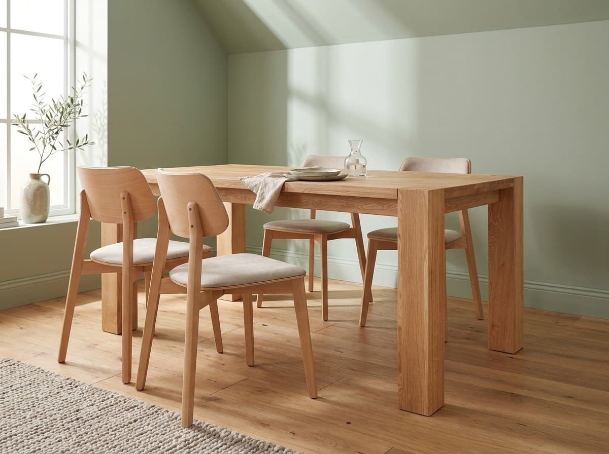 Set Dining Livia și Novak, Masă din Stejar Masiv și Scaune Tapițate Bej