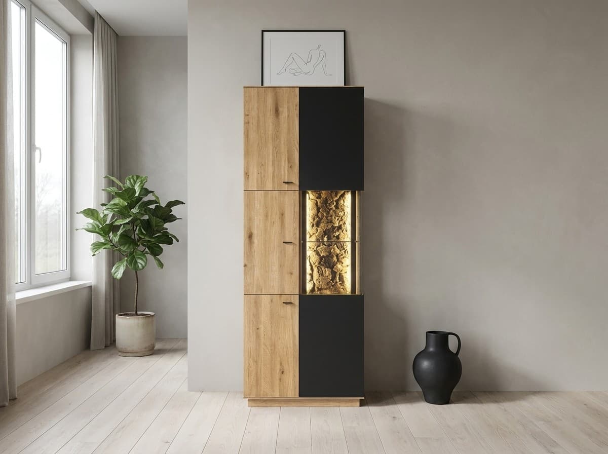 Vitrină Modena, Stejar Masiv, 75x40x206 cm – în ambianță