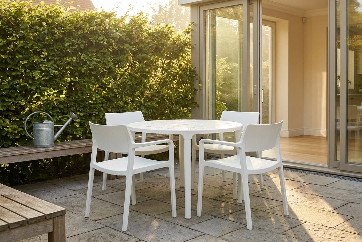 Terasă cu mobilier de exterior curat, în lumina dimineții