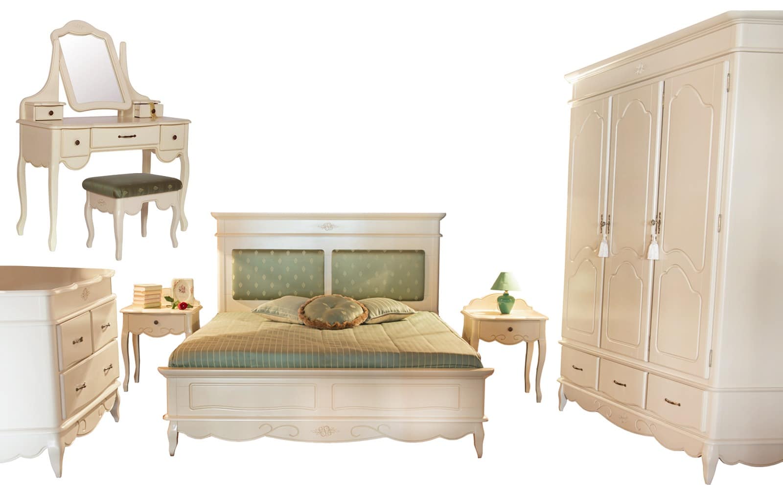 Set Dormitor Casandra, Lemn Masiv, Alb Antic