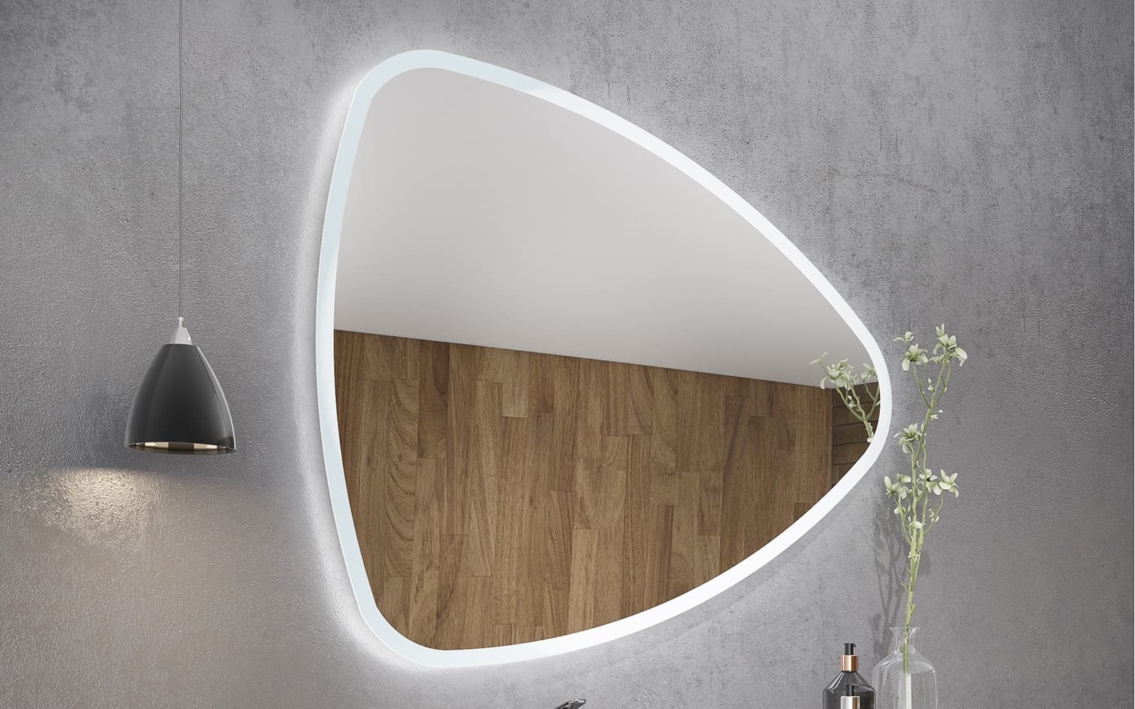 Oglindă retroiluminată LED triunghiulară, 100 x 2,9 x 85 cm din lemn masiv