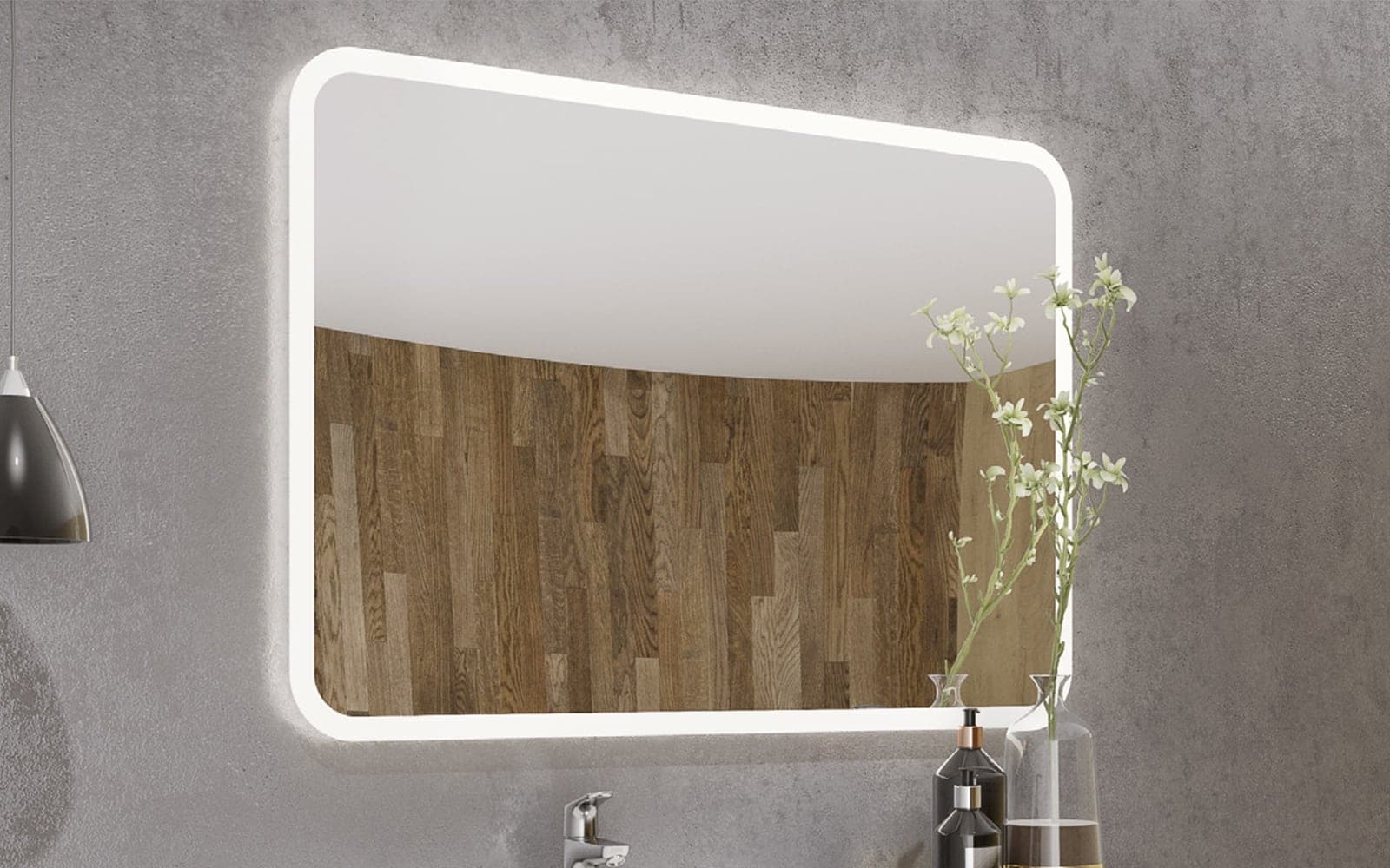 Oglindă retroiluminată LED dreptunghiulară, 100 x 2,9 x 70 cm din lemn masiv