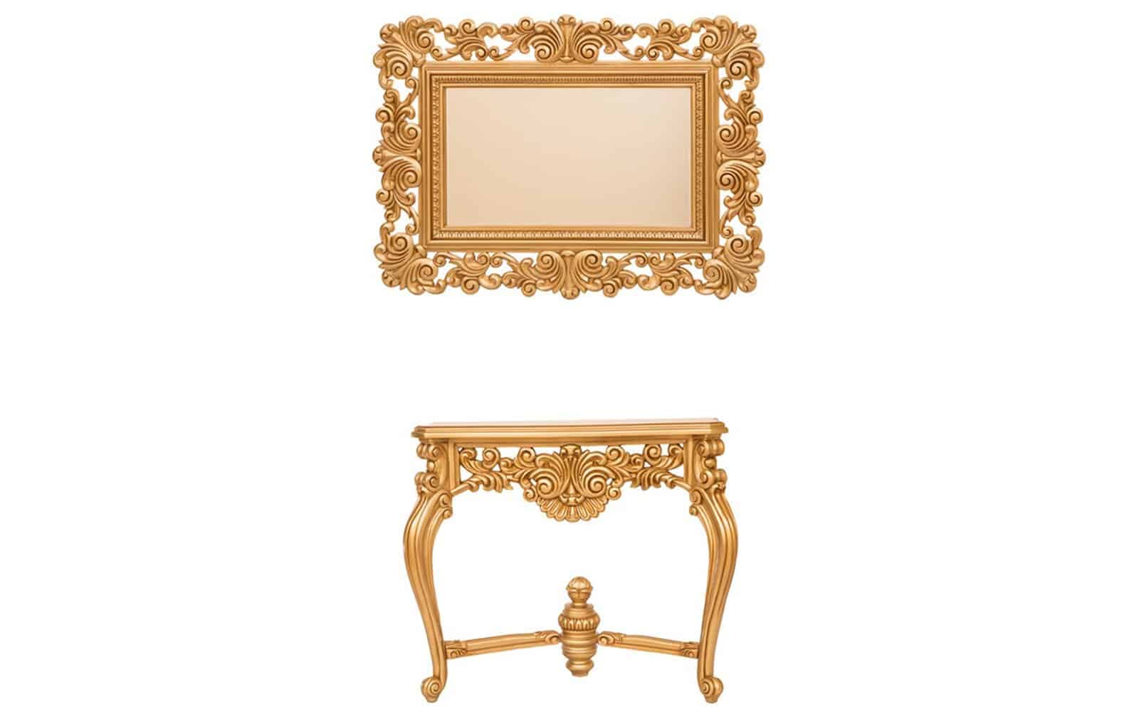 Set Consolă și Oglindă Sculptată, Lemn Masiv, Auriu