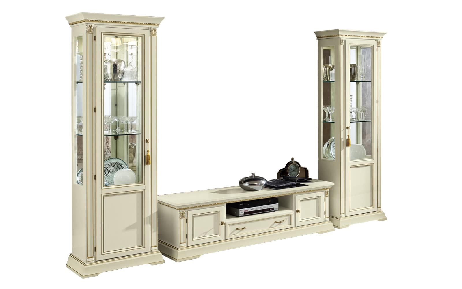 Set Living Victoria, 3 Piese, Crem Patinat din lemn masiv