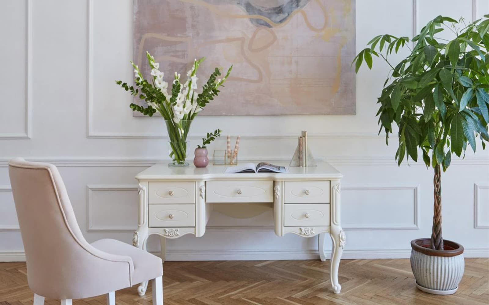 Birou Paris, 140x80x78cm, Alb din lemn masiv