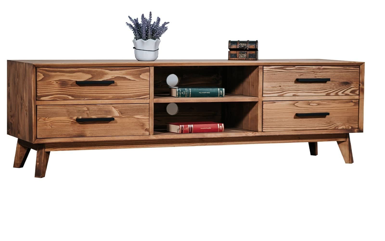 Comoda TV Timeless, 4 Sertare 2 Nișe, Lemn Masiv, 146x40x48 cm, Whisky