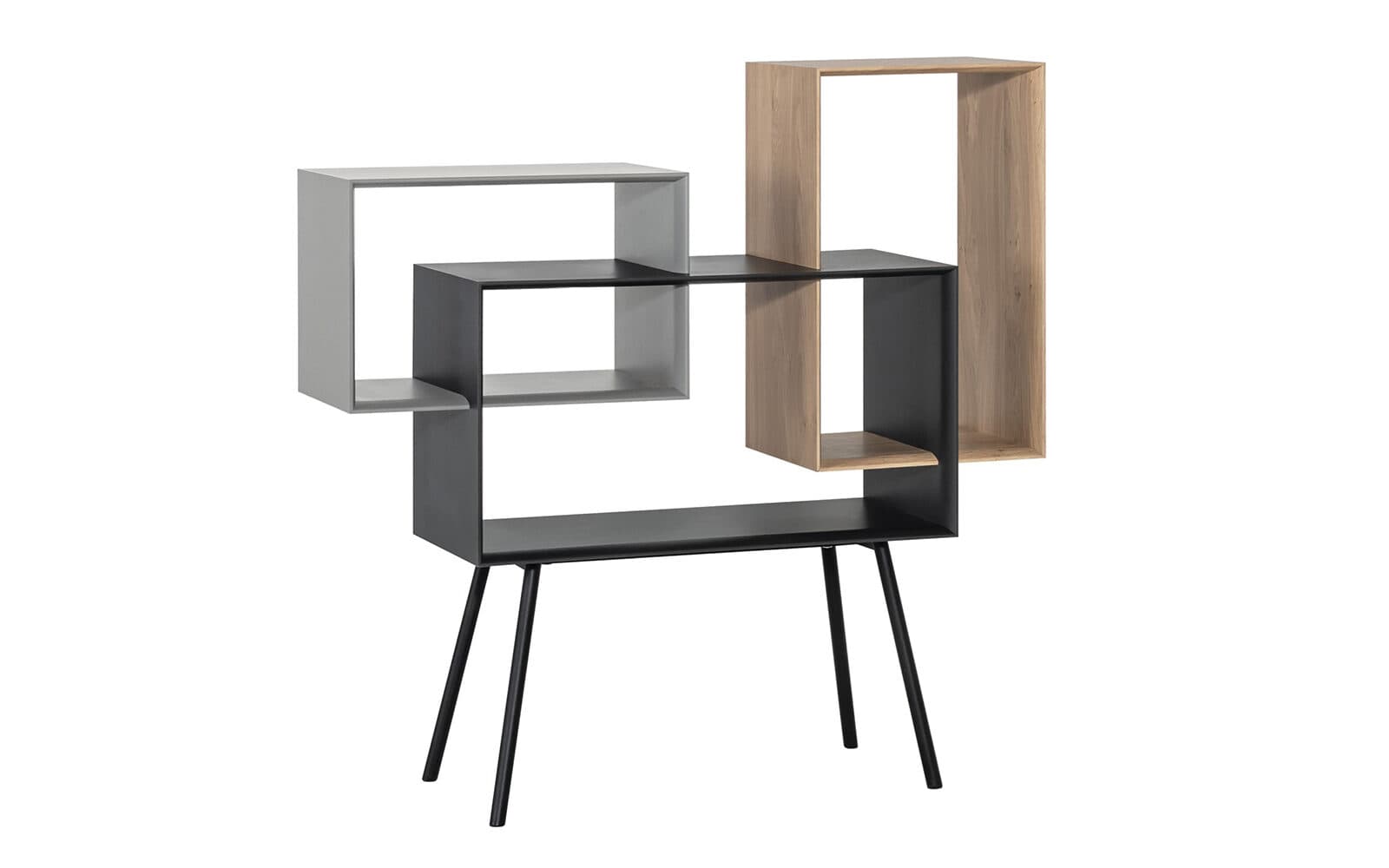 Etajeră KUADRAT – design geometric în stejar, grafit și gri