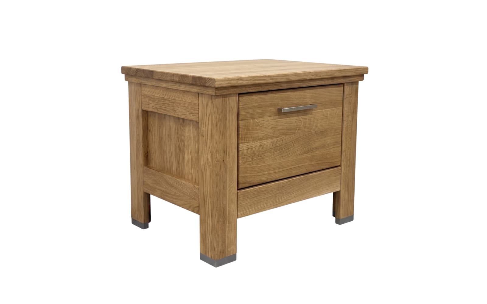 Oak wood nightstand with a single drawer and lower panel, metal pull, and capped block feet.