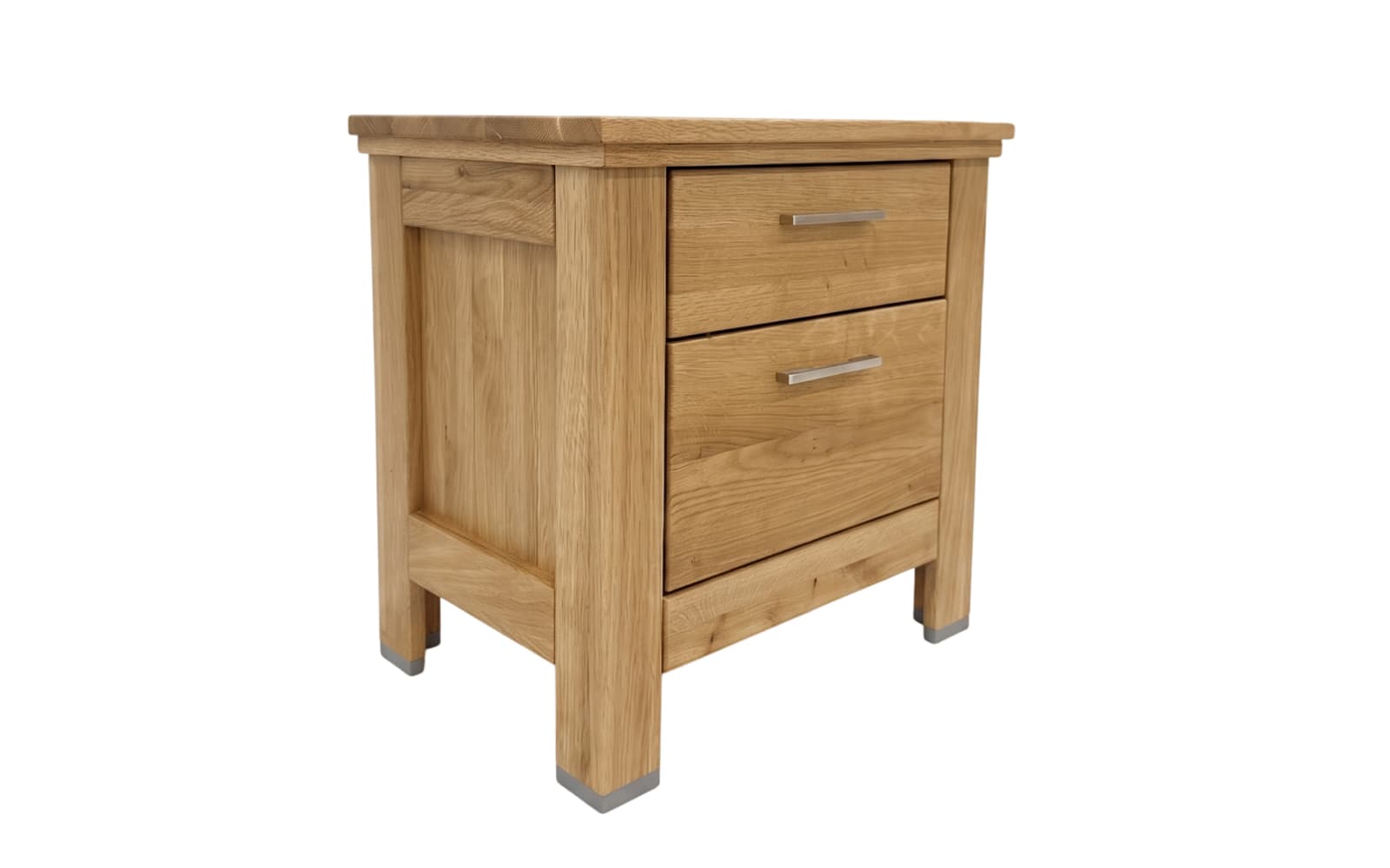 Oak wood side table with two drawers on the right and a small upper drawer, supported by square legs with metal caps.
