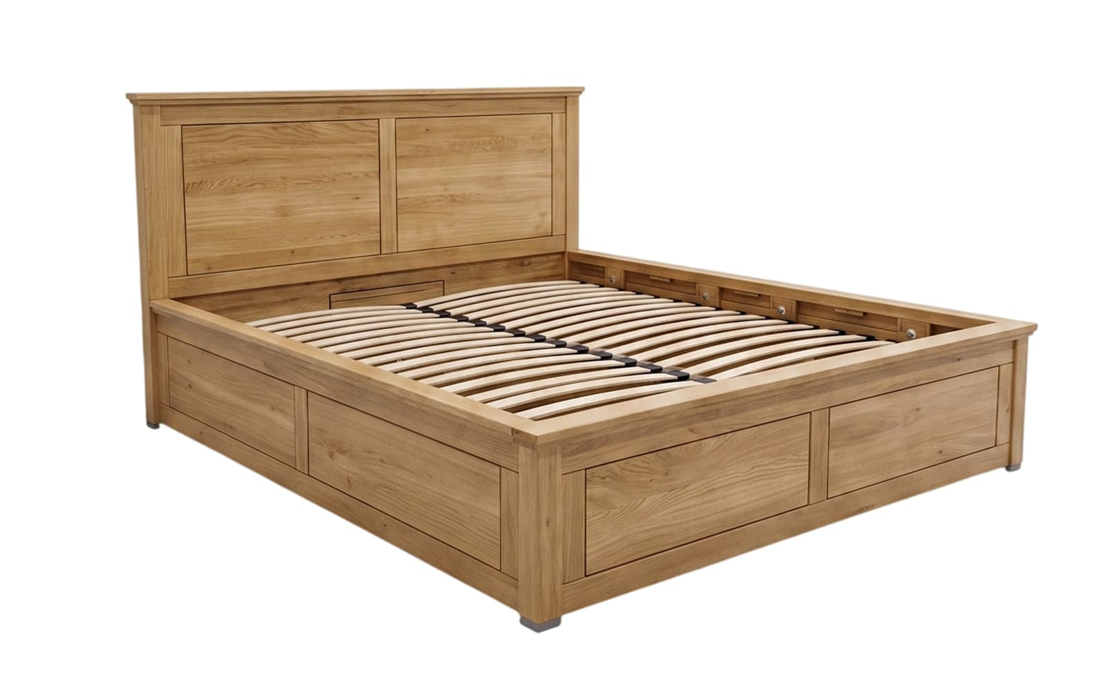 Wooden bed frame with a tall headboard and built-in storage drawers along the base; slatted bed support visible.