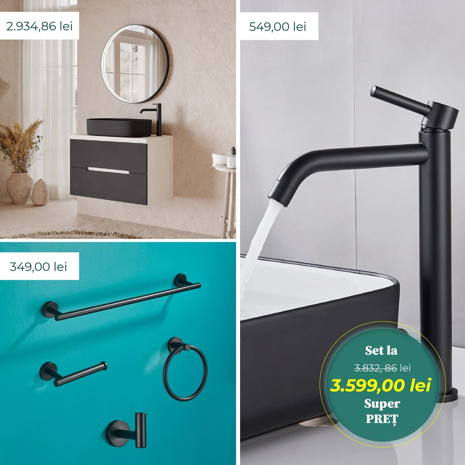 Set complet mobilier de baie cu lavoar, oglindă, baterie pe blat și accesorii, Negru din lemn masiv