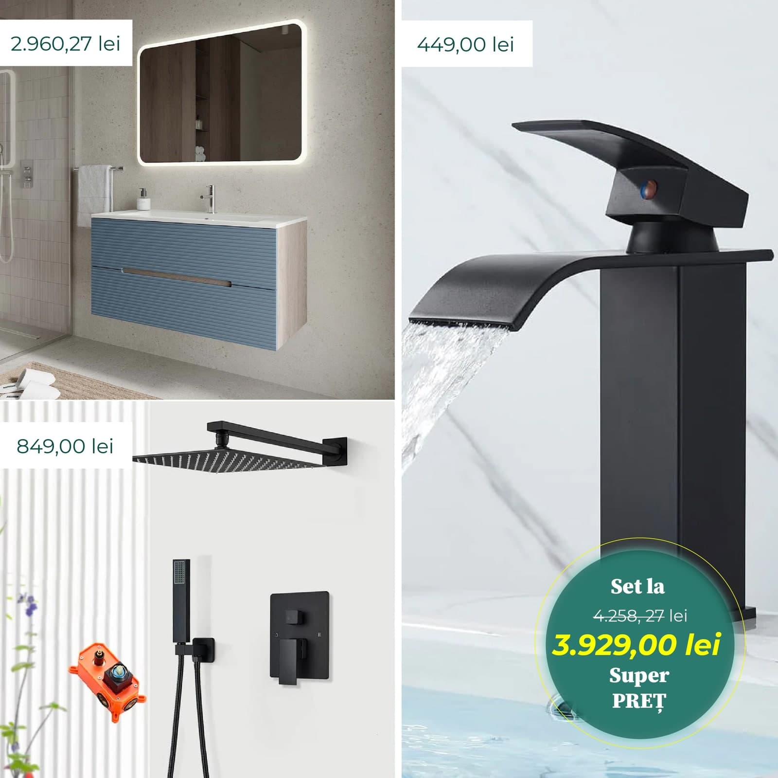 Set complet mobilier de baie cu lavoar, oglindă, set de duș cu 2 funcții și baterie pentru lavoar, Albastru / duș și baterie negre din lemn masiv