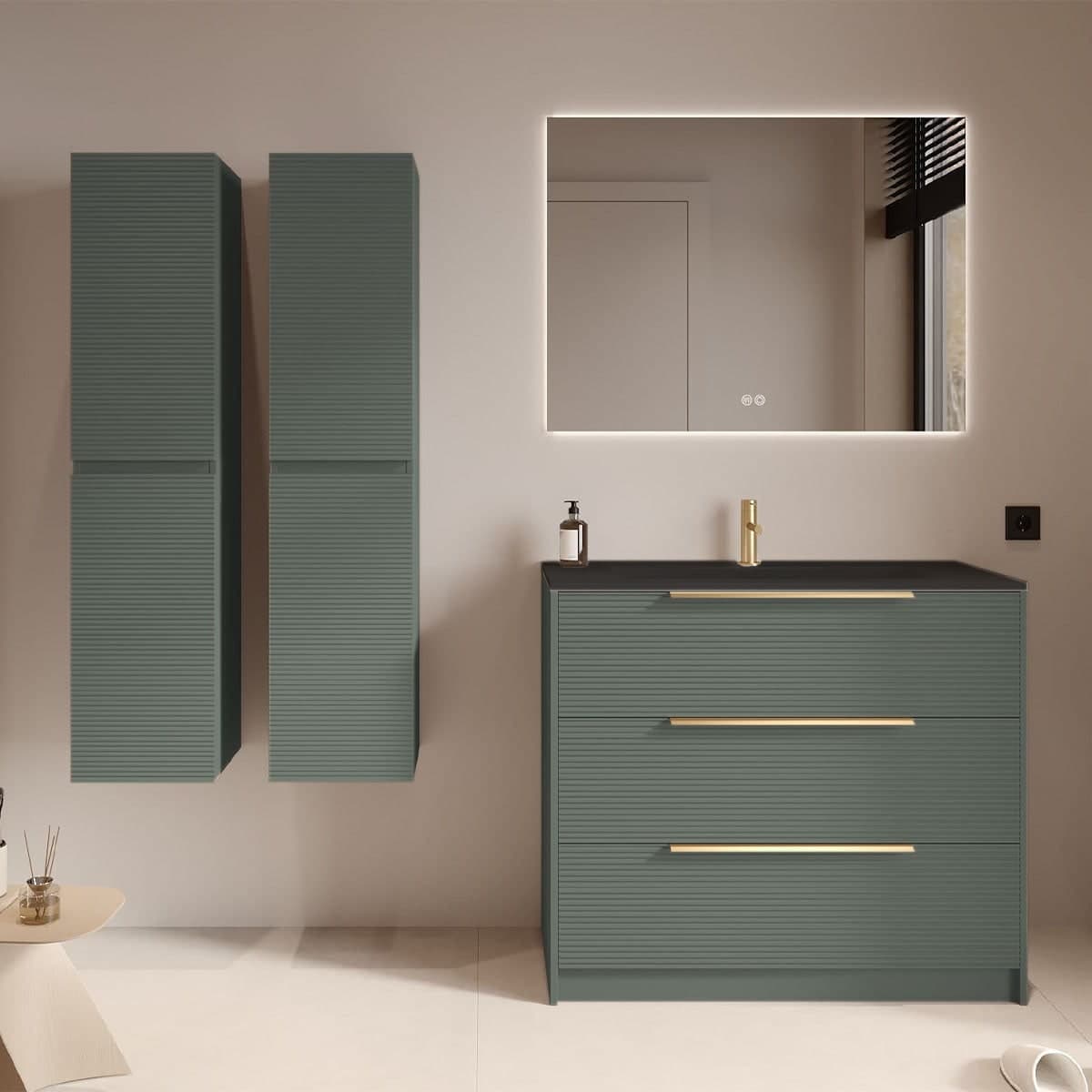Set mobilier baie cu 2 coloane suspendate, lavoar încastrat și oglindă, cu riflaj Dogato, 100 cm, Iconica din lemn masiv