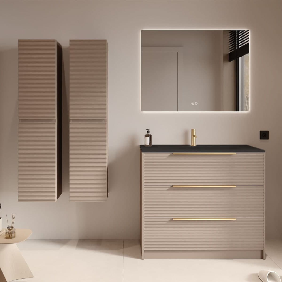 Set mobilier baie cu 2 coloane suspendate, riflaj Dogato, lavoar încastrat și oglindă, 100 cm, Iconica din lemn masiv