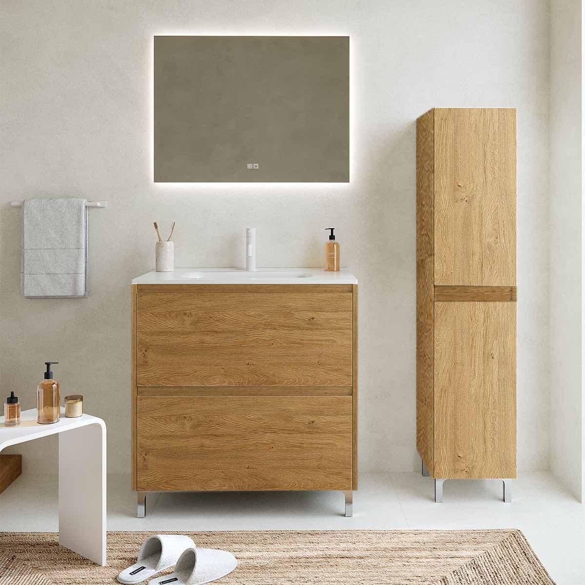 Set mobilier baie cu coloană, lavoar încastrat și oglindă, 80 cm, Lisbona din lemn masiv