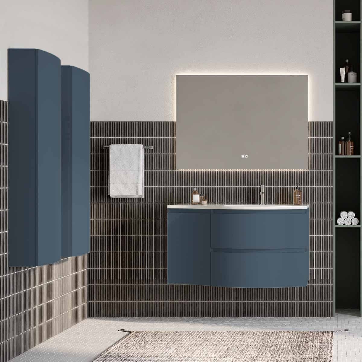Set mobilier baie cu coloană suspendată, lavoar încastrat și oglindă, 104 cm, Armonia din lemn masiv