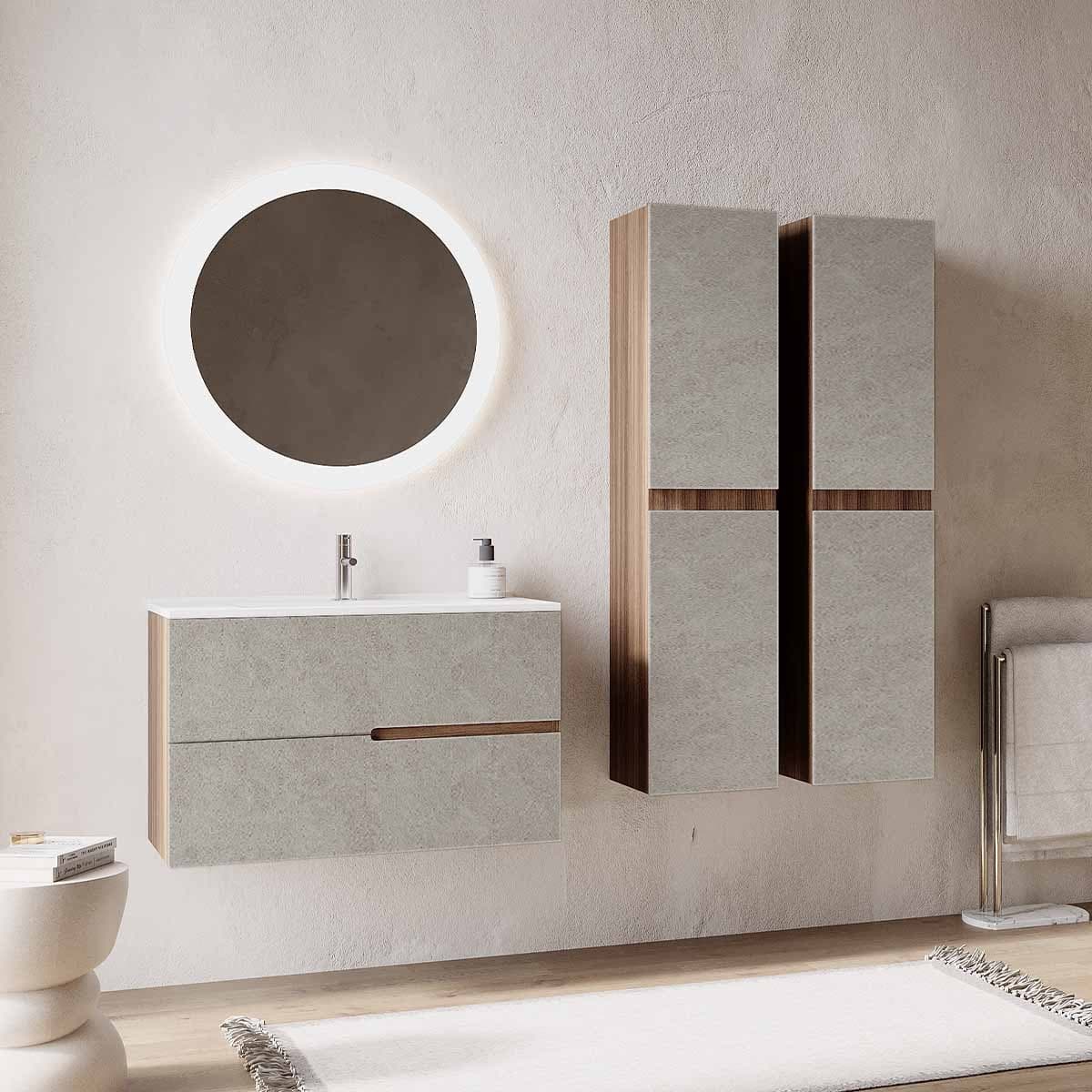 Set mobilier baie cu coloană suspendată, lavoar încastrat și oglindă, 80 cm, Eva din lemn masiv