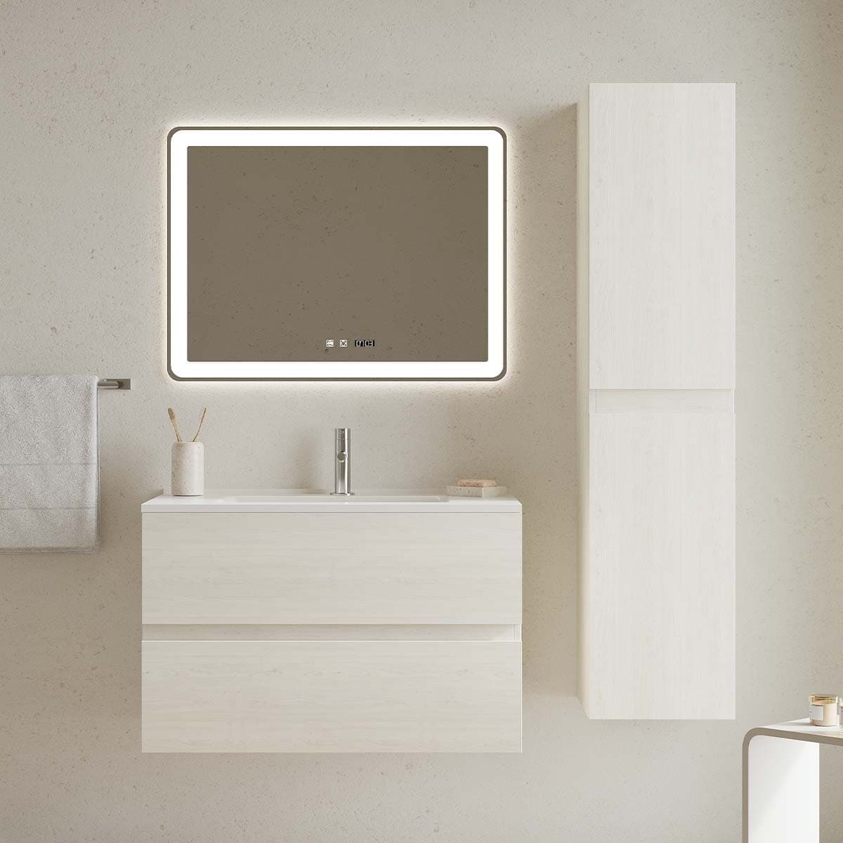 Set mobilier baie cu coloană suspendată, lavoar încastrat și oglindă, 100 cm, Easy, Stejar deschis din lemn masiv