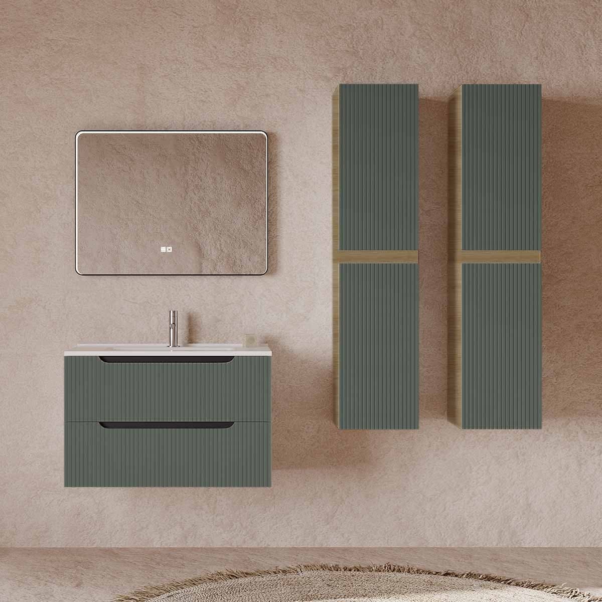 Set mobilier baie cu coloană suspendată, lavoar încastrat și oglindă, 80 cm, Comfort din lemn masiv