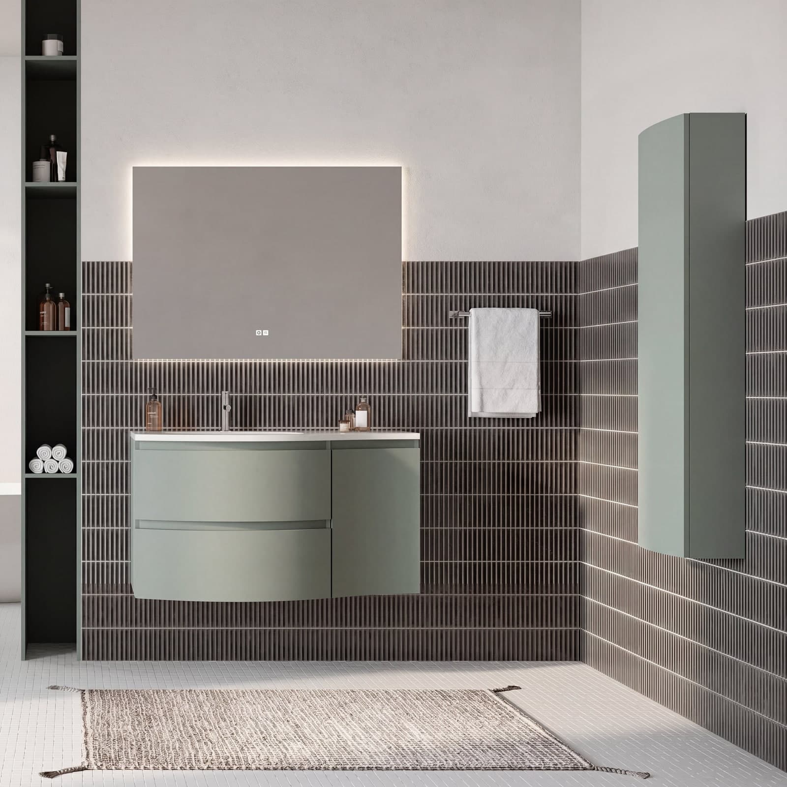 Set mobilier baie cu coloană suspendată, lavoar și oglindă, 105 cm, Armonia, Verde salvie mat / lavoar alb lucios din lemn masiv