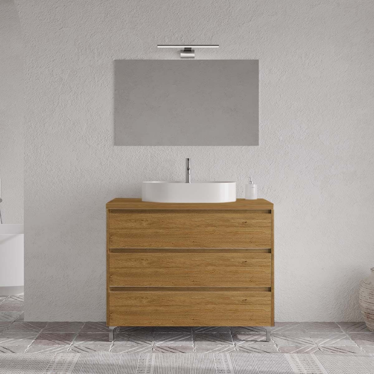 Set mobilier baie cu lavoar, lampă și oglindă, 100 cm, Lisbona din lemn masiv