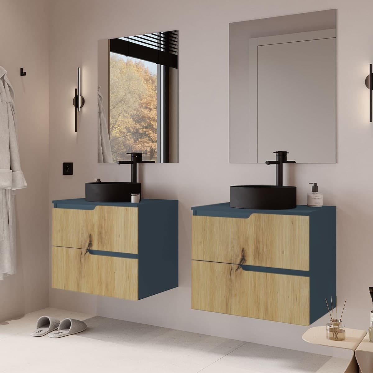 Set mobilier baie dublu suspendat cu lavoar pe blat, oglindă și lămpi, 120 cm, Winter din lemn masiv
