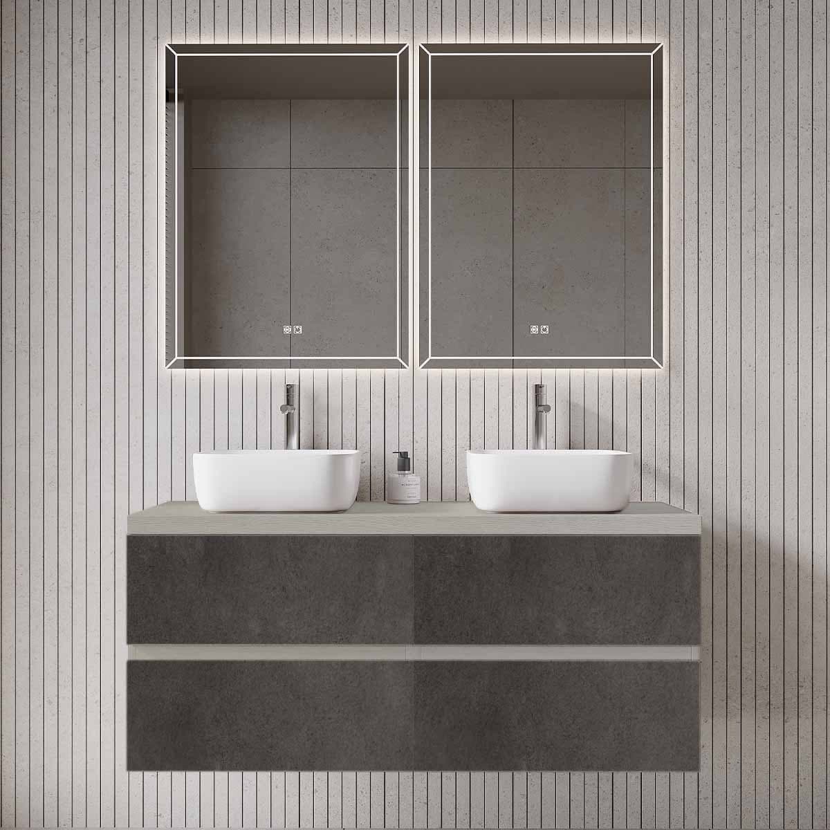 Set mobilier baie dublu suspendat cu lavoar pe blat și oglindă, 120 cm, Easy din lemn masiv