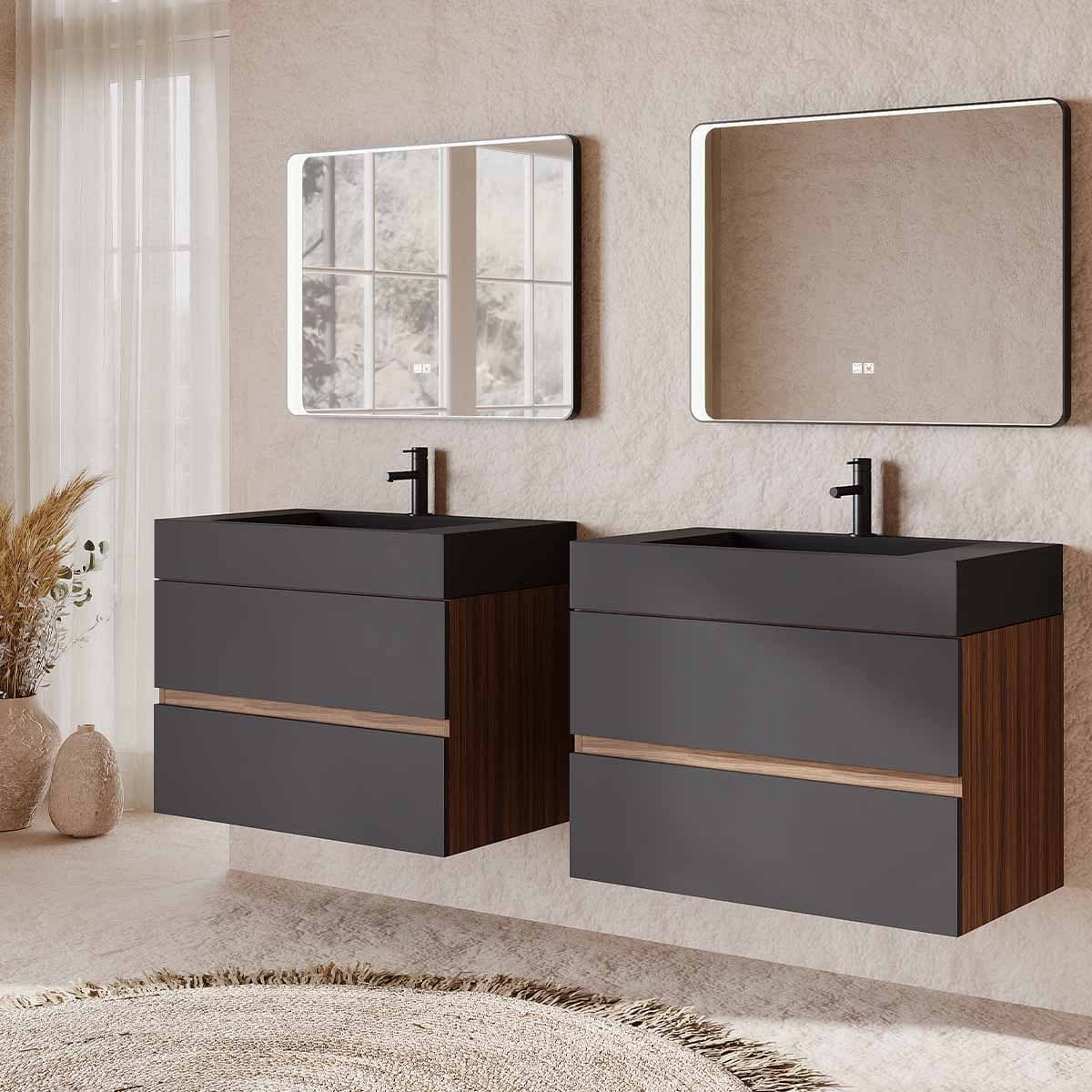 Set mobilier baie dublu suspendat cu lavoar pe blat și oglindă, 160 cm, Easy din lemn masiv
