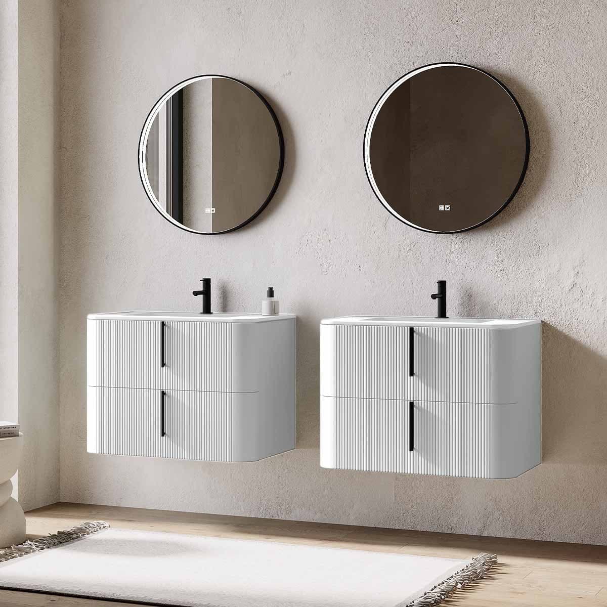 Set mobilier baie dublu suspendat cu riflaj Cannetatto, lavoar încastrat și oglindă, 160 cm, Lyra din lemn masiv