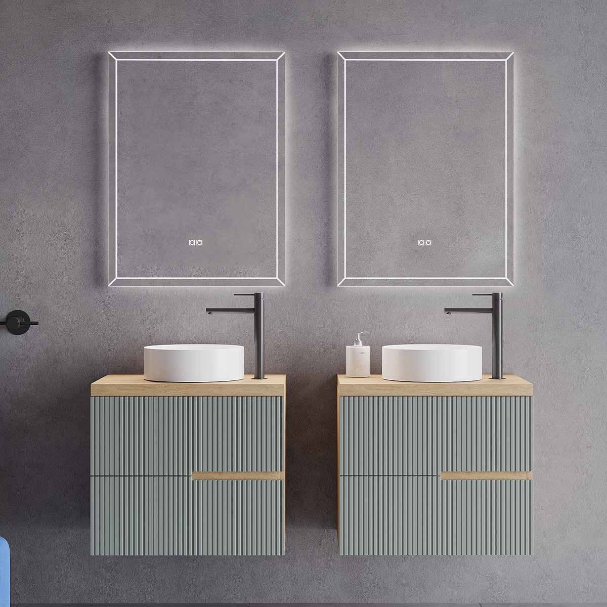 Set mobilier baie dublu suspendat cu riflaj Cannetatto, lavoar pe blat și oglindă, 120 cm, Eva din lemn masiv