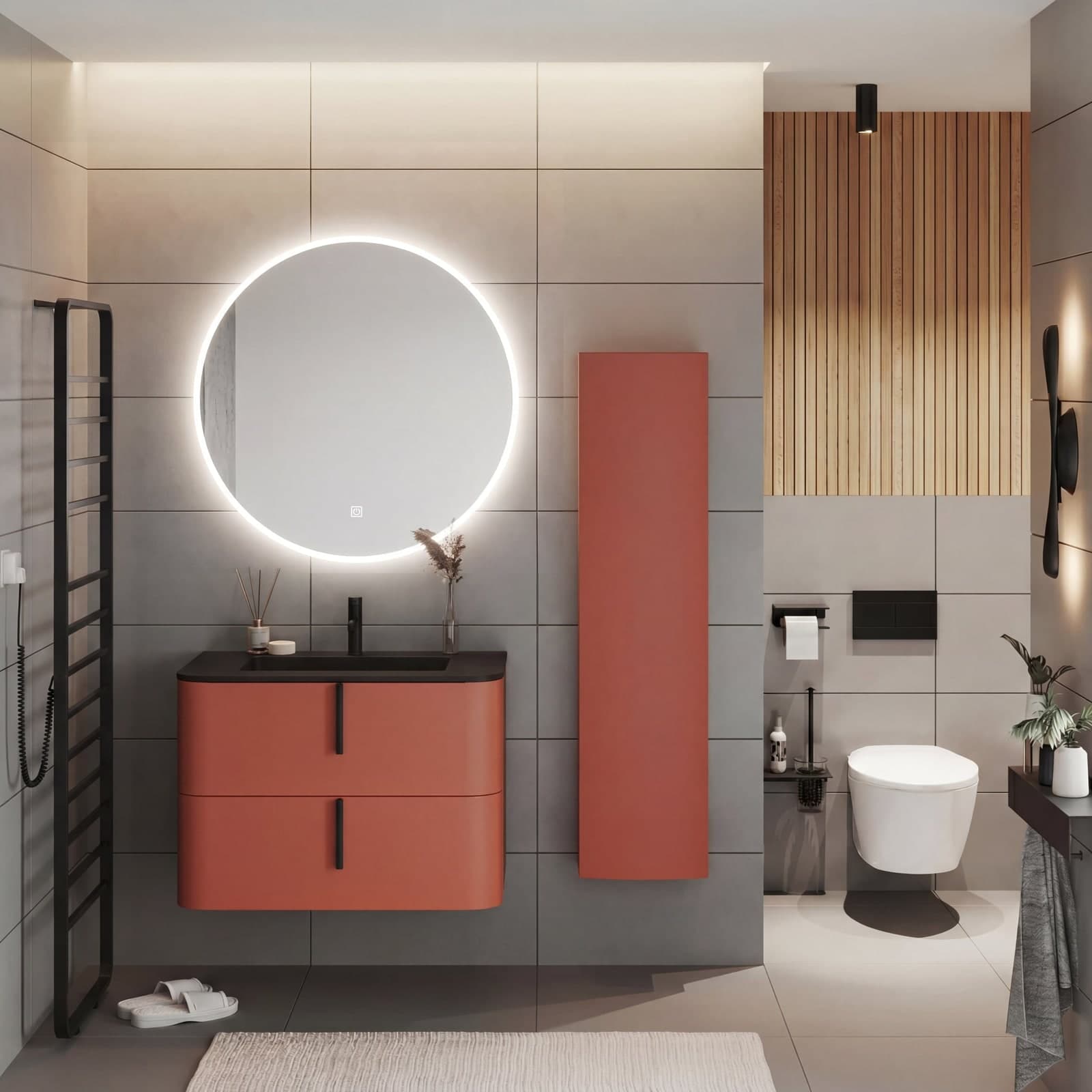 Set mobilier baie suspendat cu coloană, lavoar și oglindă, 80 cm, Lyra, Cărămiziu / lavoar negru mat din lemn masiv