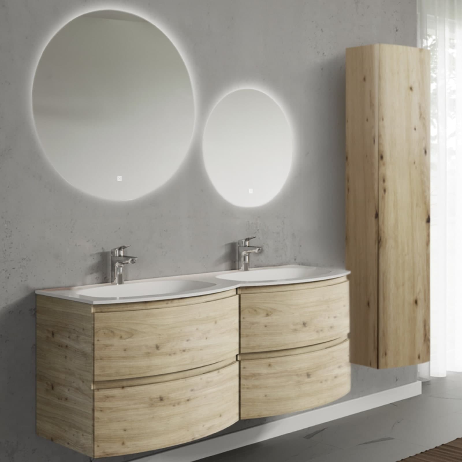Set mobilier baie suspendat cu lavoar dublu încastrat, 2 oglinzi și coloană suspendată, 140 cm, Armonia, Imitație lemn natur din lemn masiv