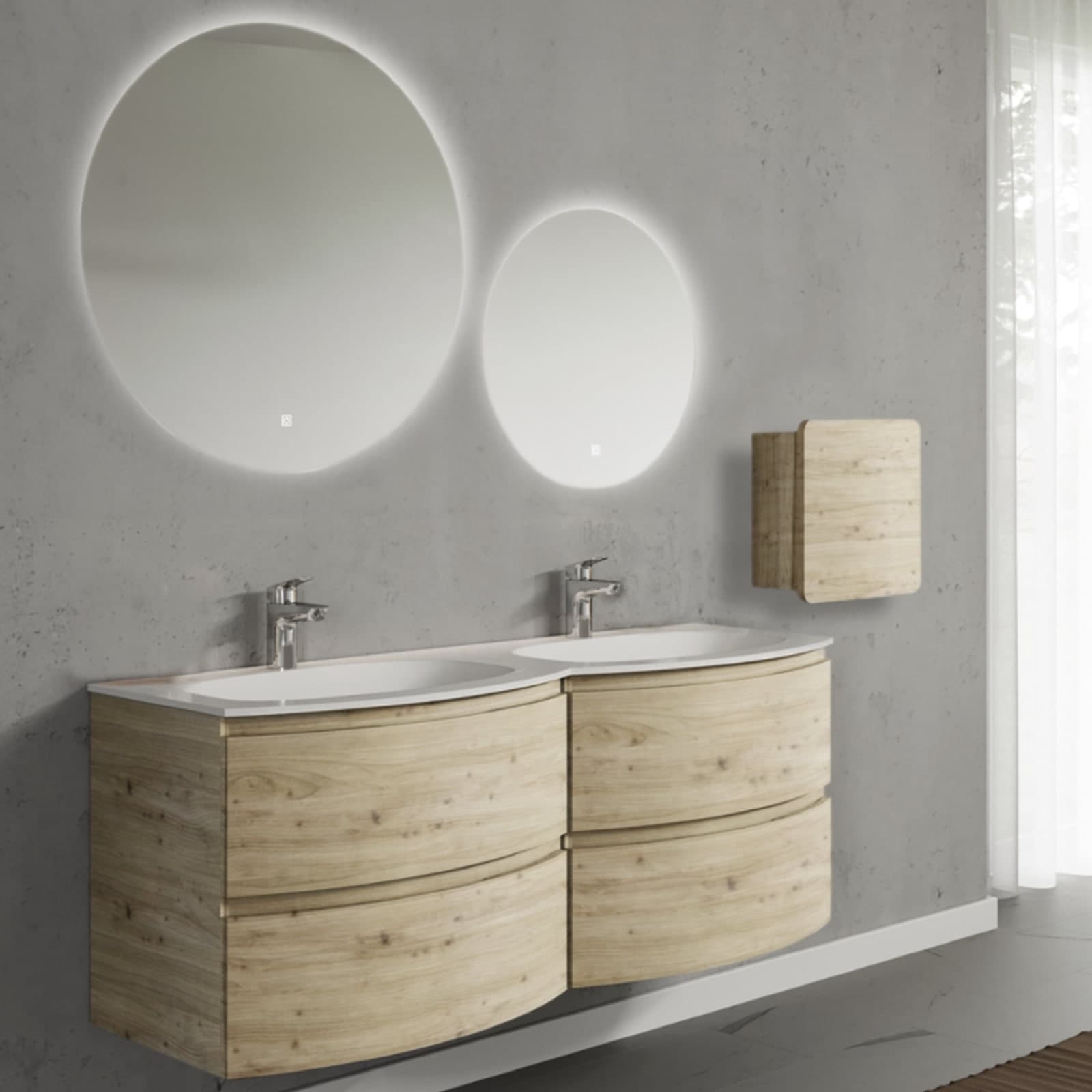 Set mobilier baie suspendat cu lavoar dublu încastrat, 2 oglinzi și corp suspendat, 140 cm, Armonia, Imitație lemn natur din lemn masiv