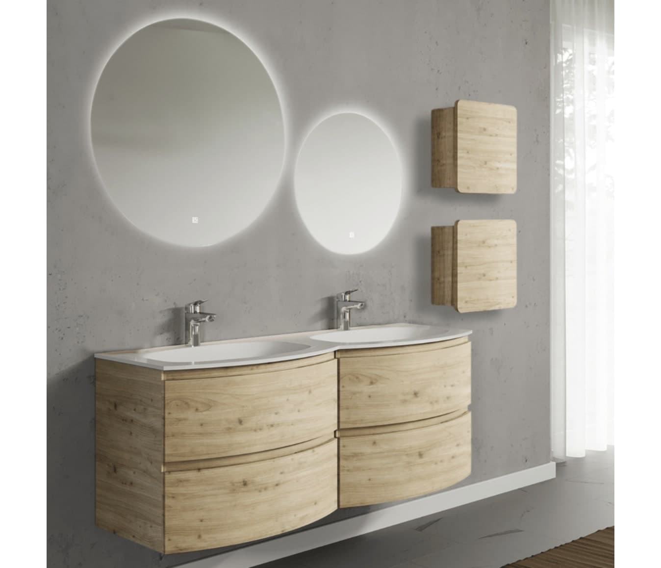 Set mobilier baie suspendat cu lavoar dublu încastrat, 2 oglinzi și 2 corpuri suspendate, 140 cm, Armonia, Imitație lemn natur din lemn masiv