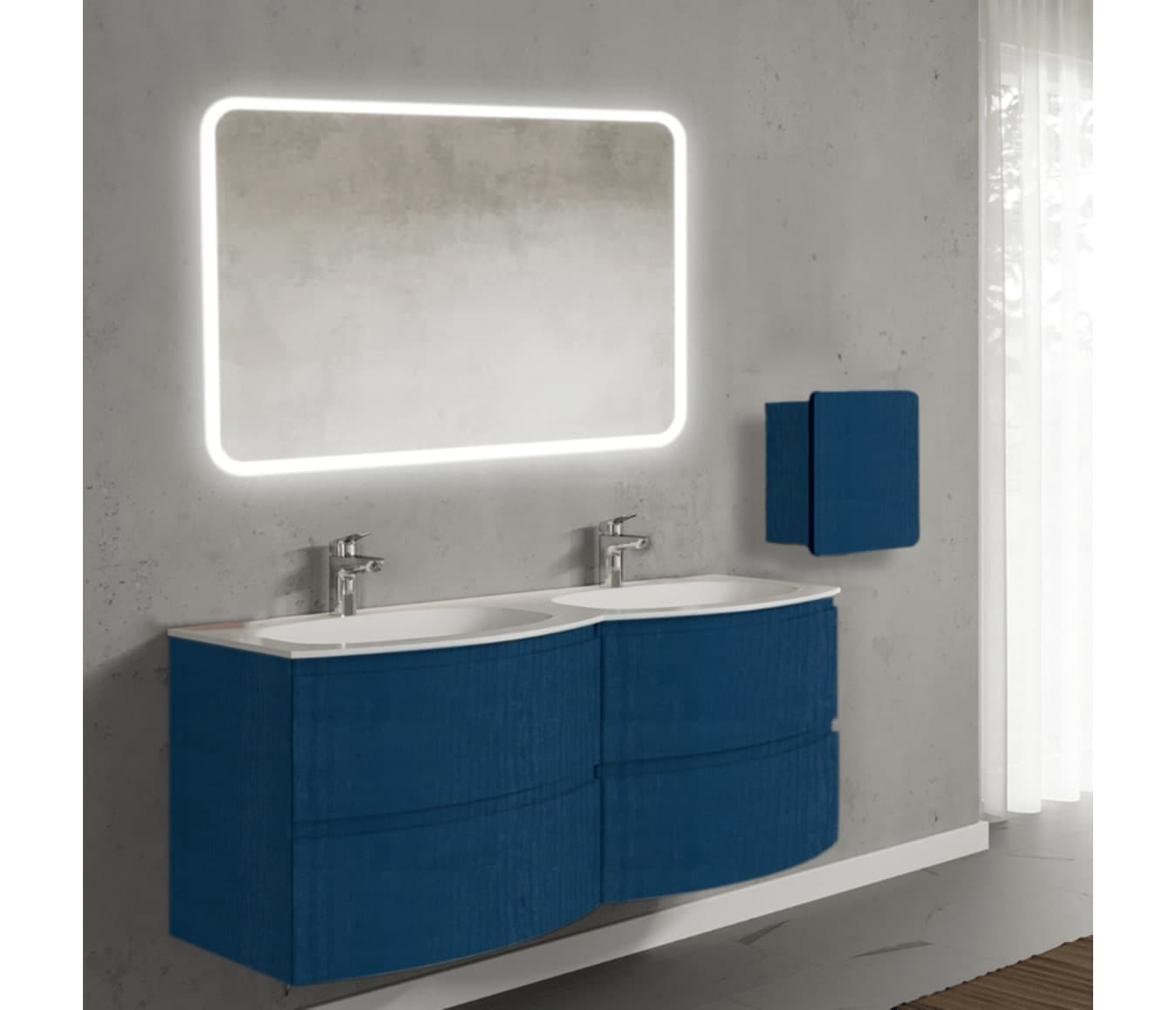 Set mobilier baie suspendat cu lavoar dublu încastrat, oglindă și corp suspendat, 140 cm, Armonia din lemn masiv
