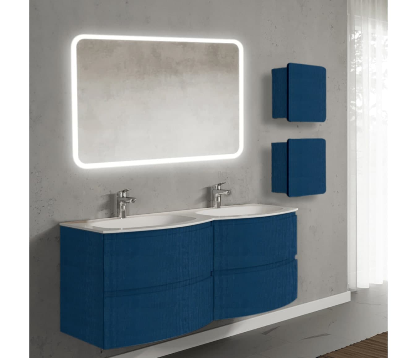 Set mobilier baie suspendat cu lavoar dublu încastrat, oglindă și 2 corpuri suspendate, 140 cm, Armonia din lemn masiv