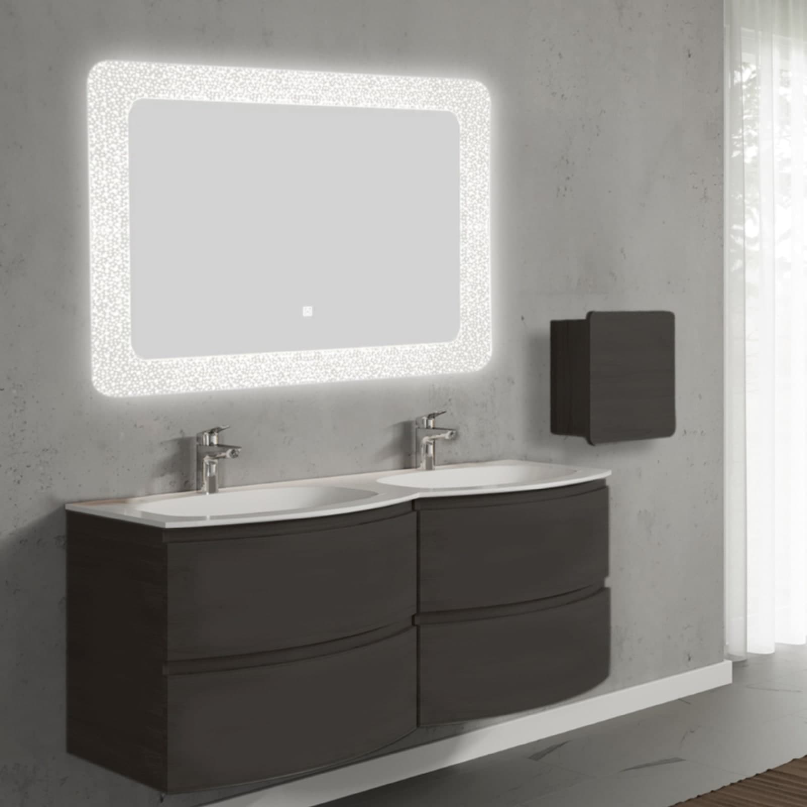 Set mobilier baie suspendat cu lavoar dublu încastrat, oglindă LED și corp suspendat, 140 cm, Armonia din lemn masiv