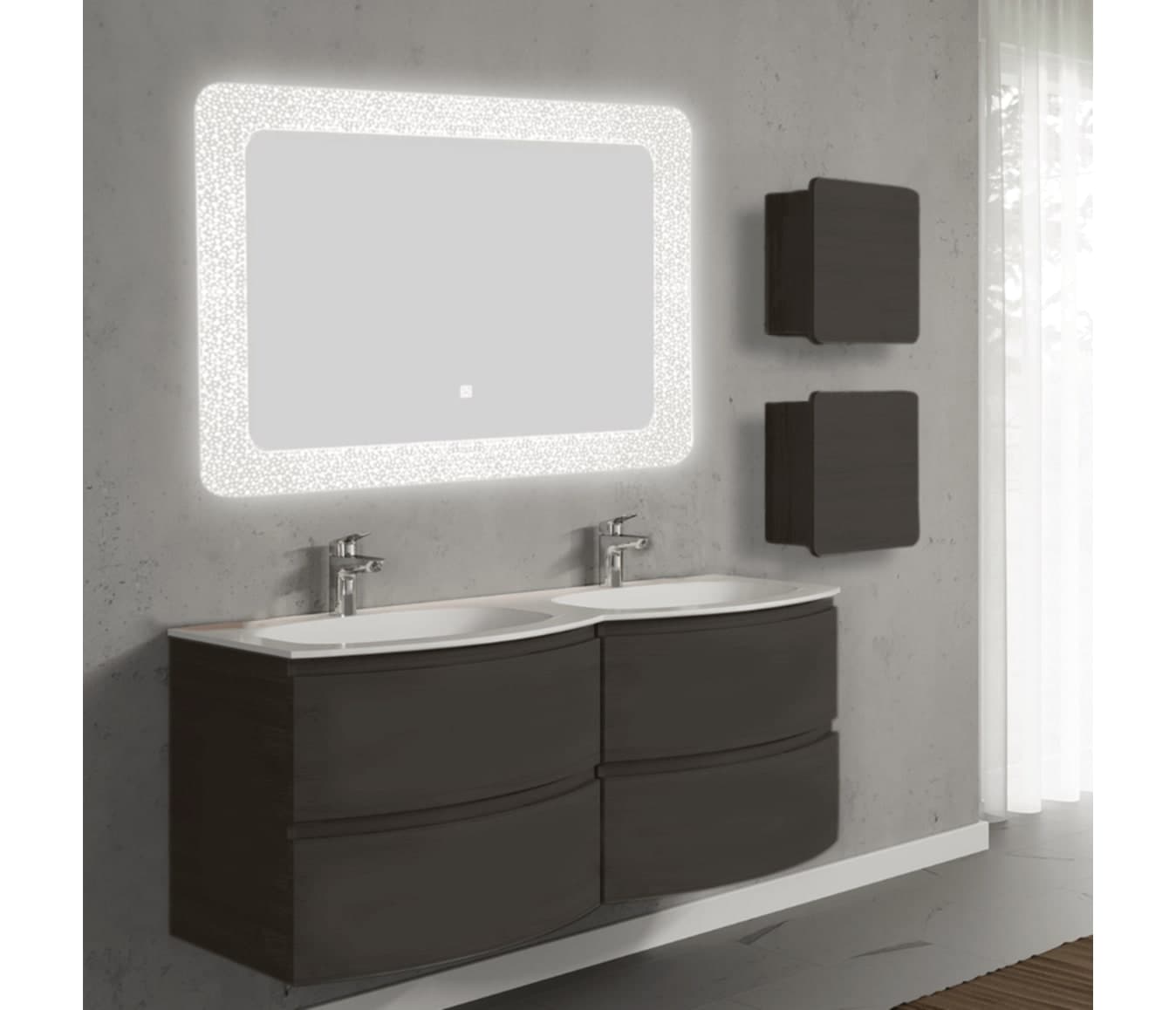 Set mobilier baie suspendat cu lavoar dublu încastrat, oglindă LED și 2 corpuri suspendate, 140 cm, Armonia din lemn masiv