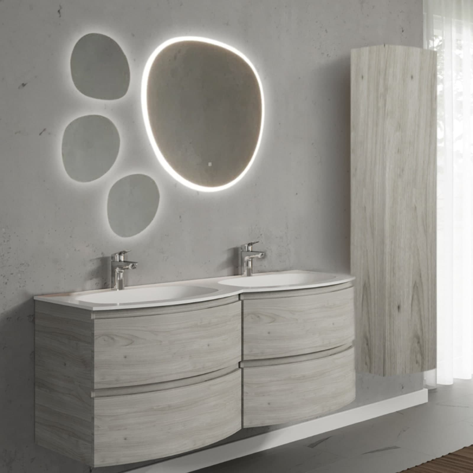 Set mobilier baie suspendat cu lavoar dublu încastrat, oglindă și coloană suspendată, 140 cm, Armonia, Imitație lemn din lemn masiv