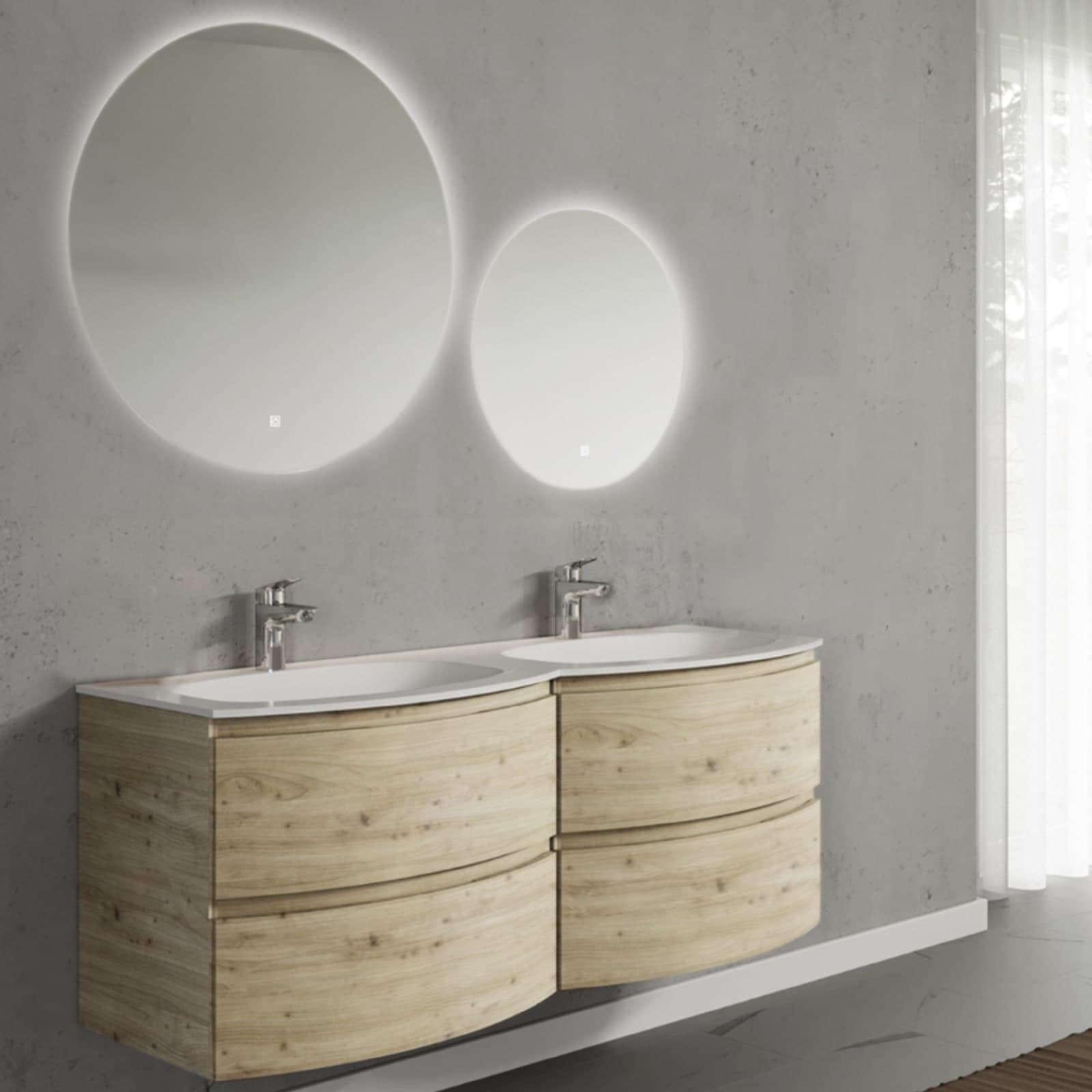 Set mobilier baie suspendat cu lavoar dublu încastrat și 2 oglinzi, 140 cm, Armonia, Imitație lemn natur din lemn masiv