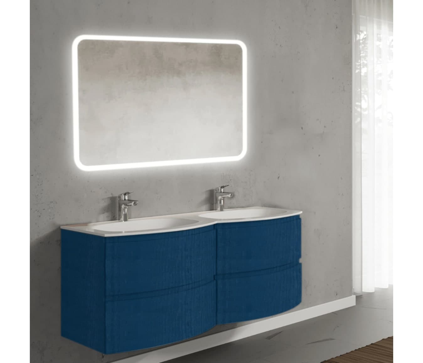 Set mobilier baie suspendat cu lavoar dublu încastrat și oglindă, 140 cm, Armonia din lemn masiv