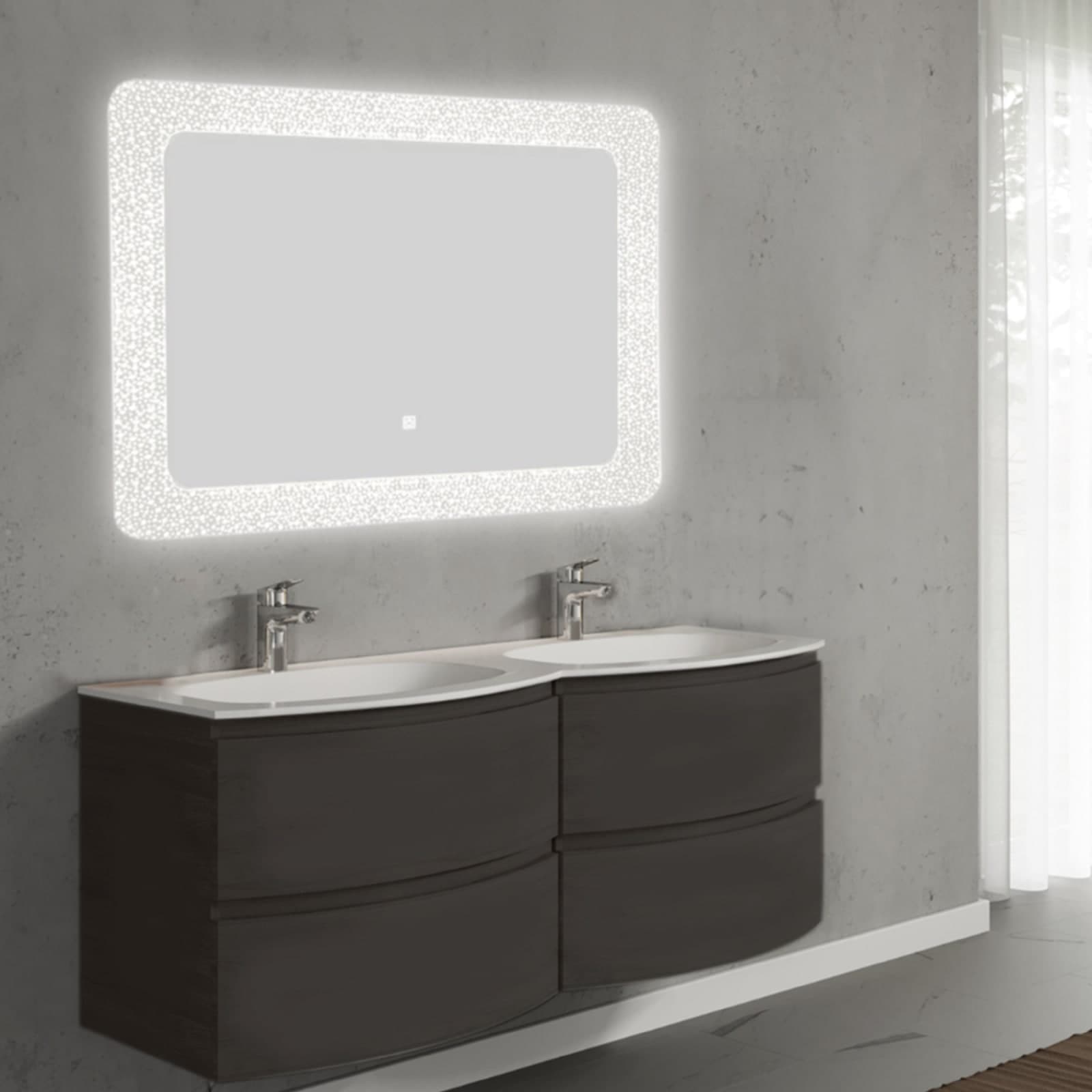 Set mobilier baie suspendat cu lavoar dublu încastrat și oglindă LED, 140 cm, Armonia din lemn masiv