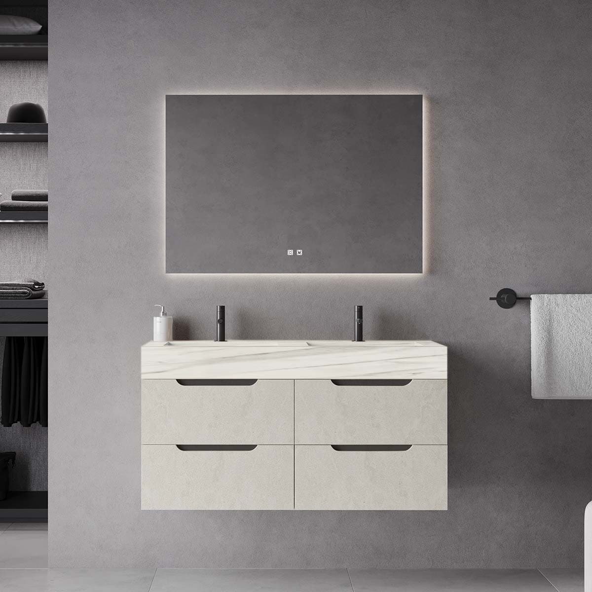 Set mobilier baie suspendat cu lavoar HPL și oglindă, 120 cm, Comfort, Bej / lavoar imitație marmură albă din lemn masiv