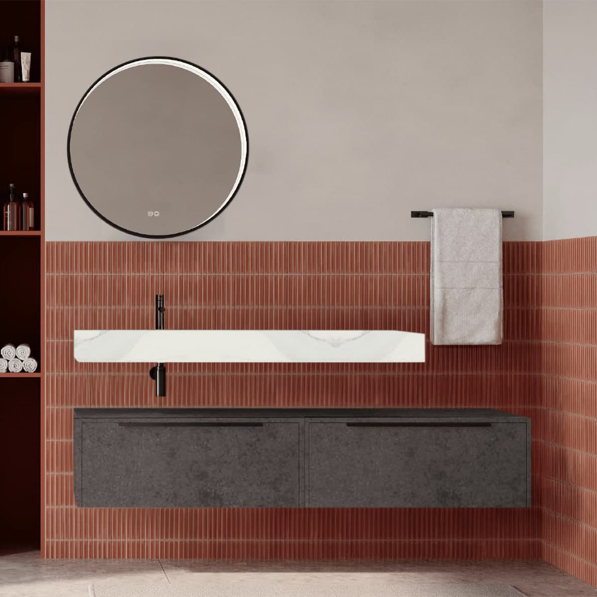 Set mobilier baie suspendat cu lavoar imitație marmură și oglindă, 160 cm, Iconica din lemn masiv
