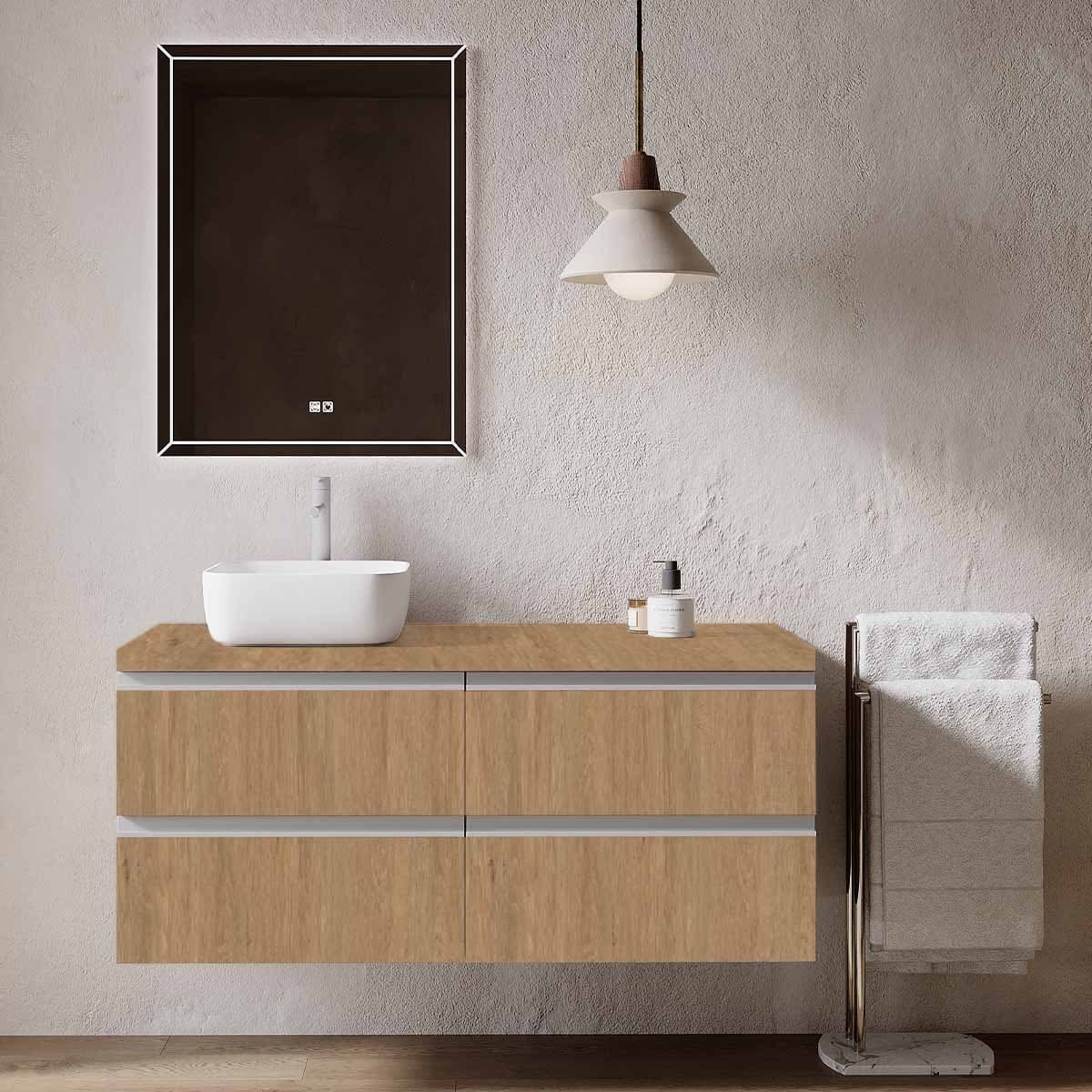 Set mobilier baie suspendat cu lavoar pe blat și oglindă, 120 cm, Jupiter din lemn masiv