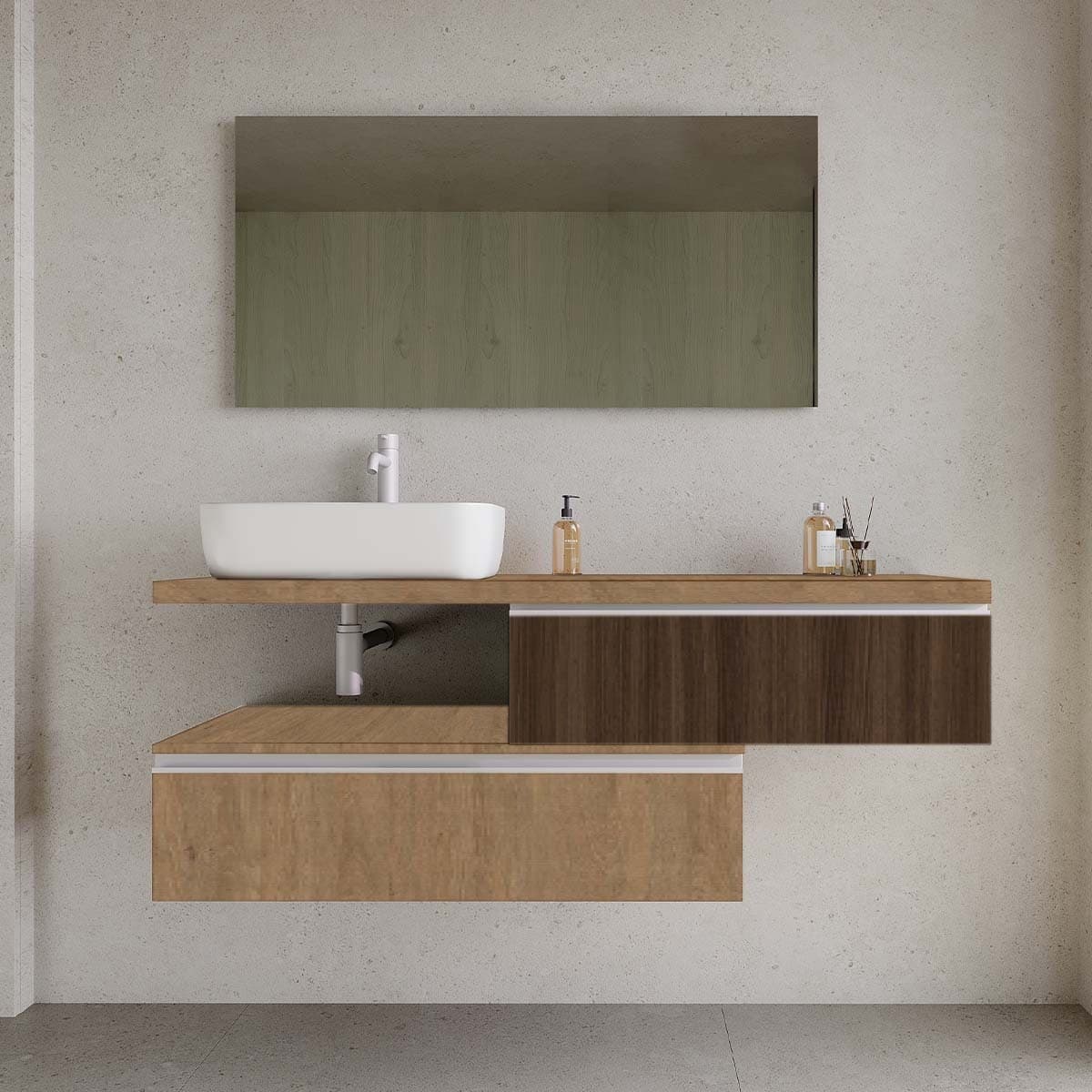 Set mobilier baie suspendat cu lavoar pe blat și oglindă, 140 cm, Jupiter din lemn masiv