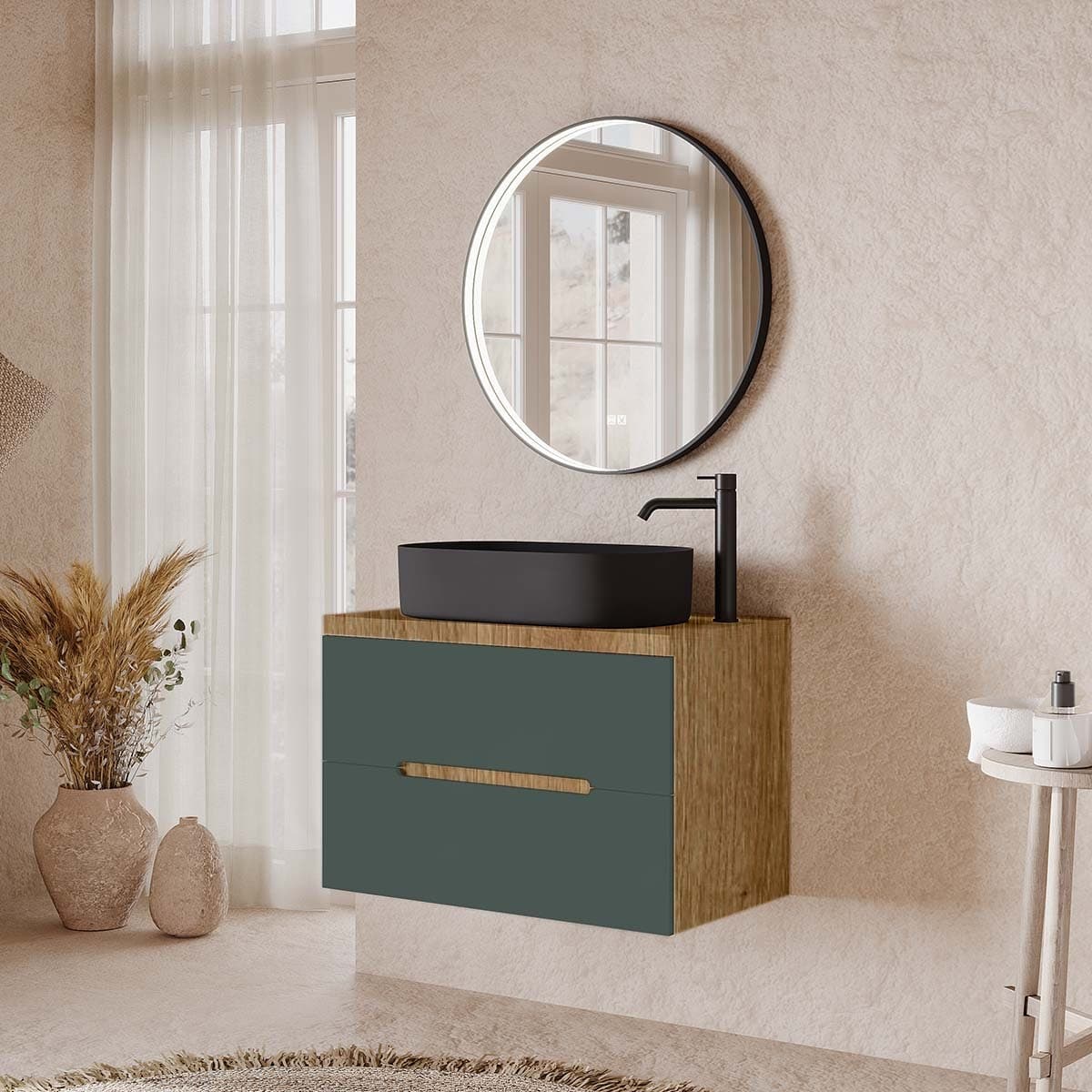 Set mobilier baie suspendat cu lavoar pe blat și oglindă, 80 cm, Iris din lemn masiv