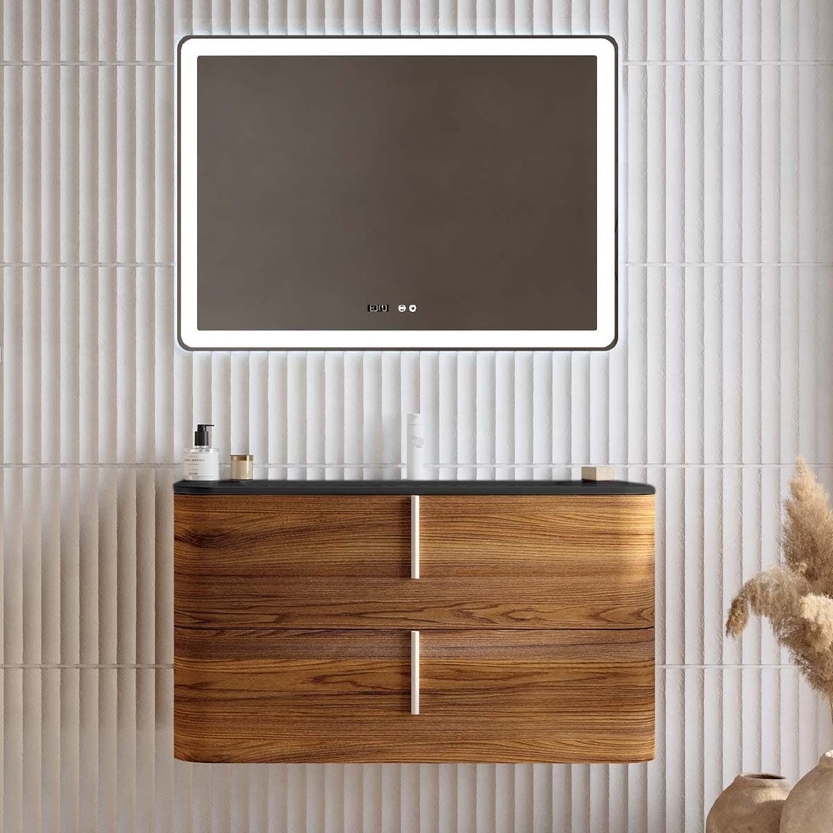 Set mobilier baie suspendat cu lavoar și oglindă, 100 cm, Lyra din lemn masiv