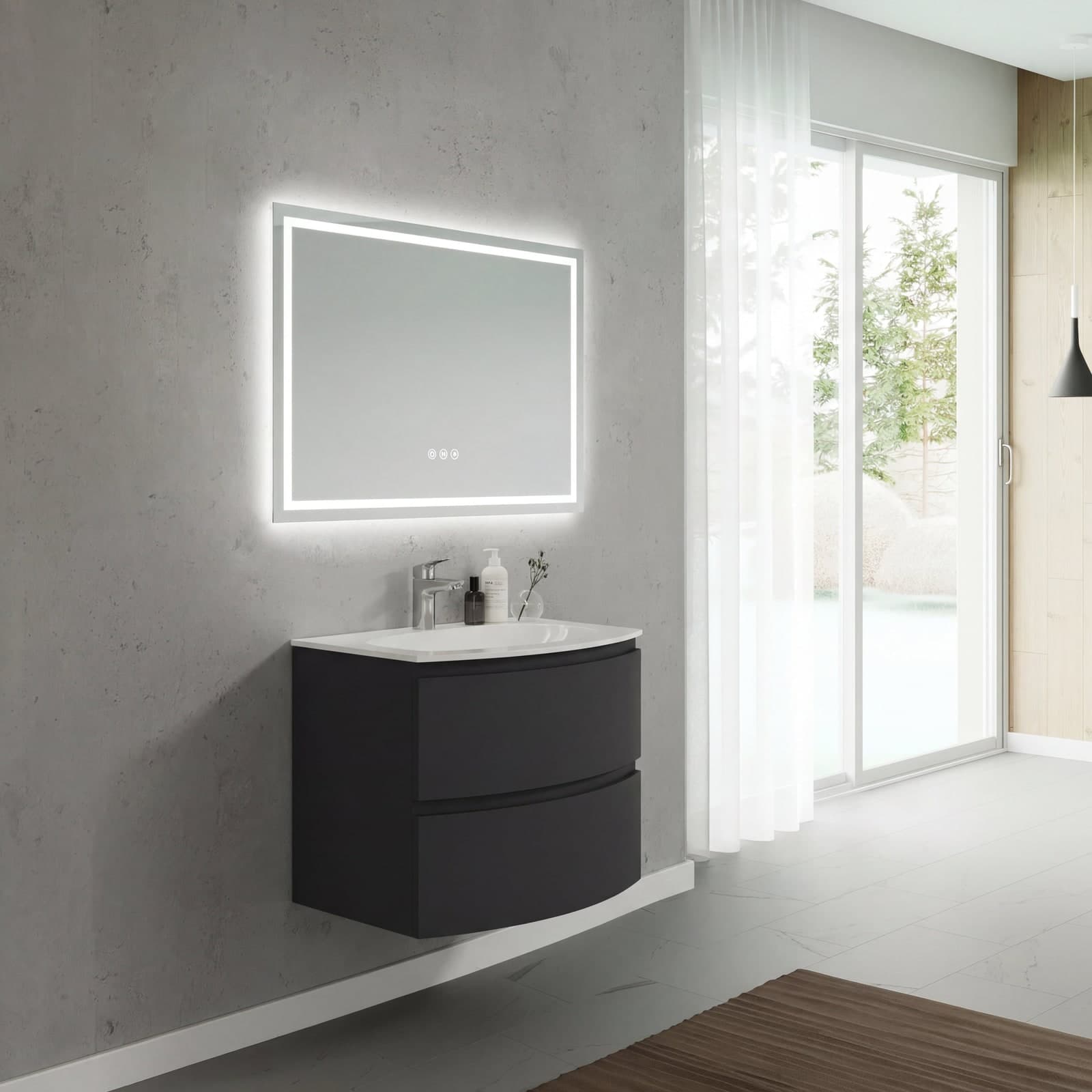 Set mobilier baie suspendat cu lavoar și oglindă, 70 cm, Armonia, Negru mat / lavoar alb lucios din lemn masiv